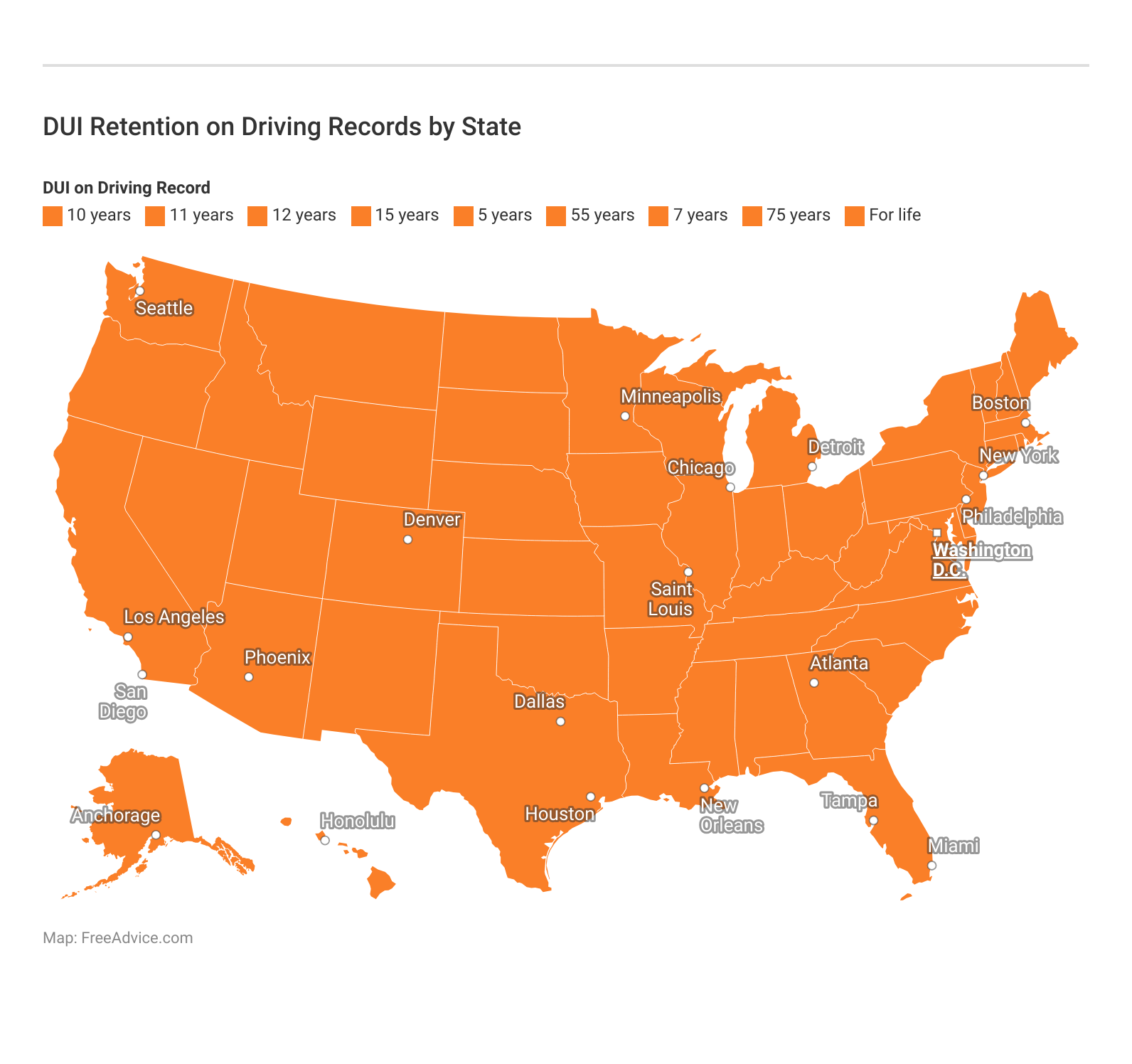 <h3>DUI Retention on Driving Records by State</h3>